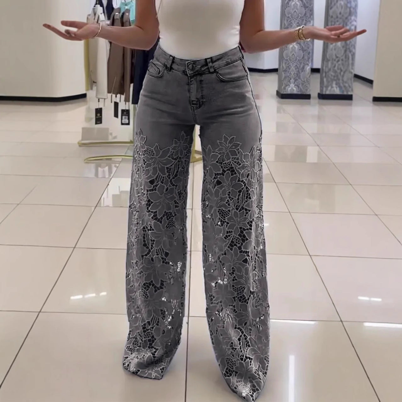 Jeans Vita Alta Gamba Larga Donna con pizzo