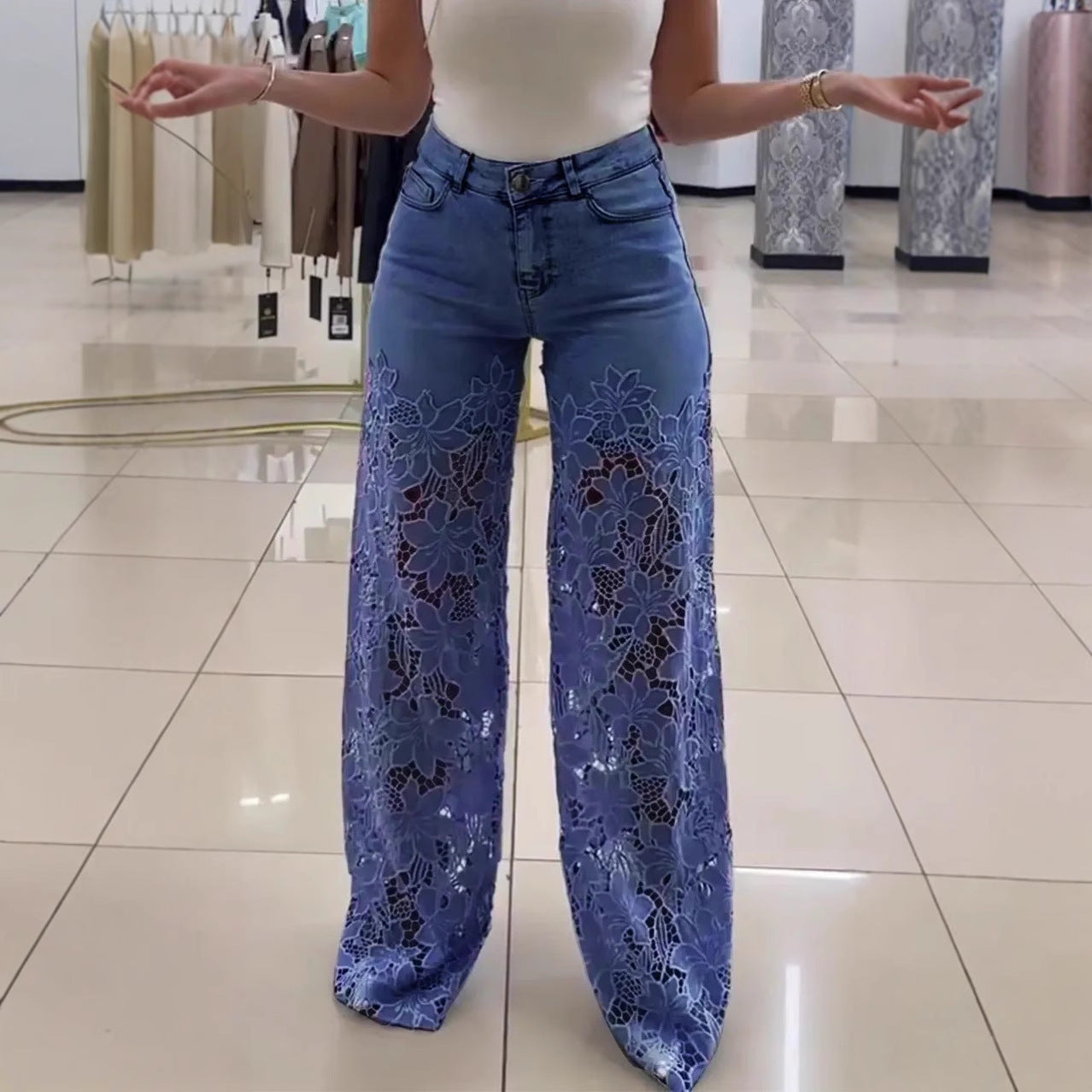Jeans Vita Alta Gamba Larga Donna con pizzo