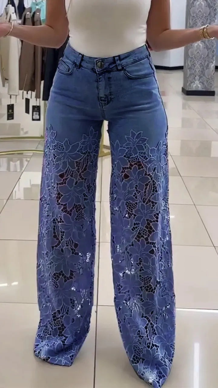 Jeans Vita Alta Gamba Larga Donna con pizzo