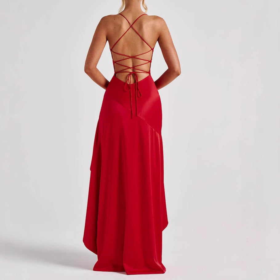 Abito irregolare con volant senza schienale da donna Moda estiva Festa da sera Club con bretelle doppie Maxi abiti Abbigliamento