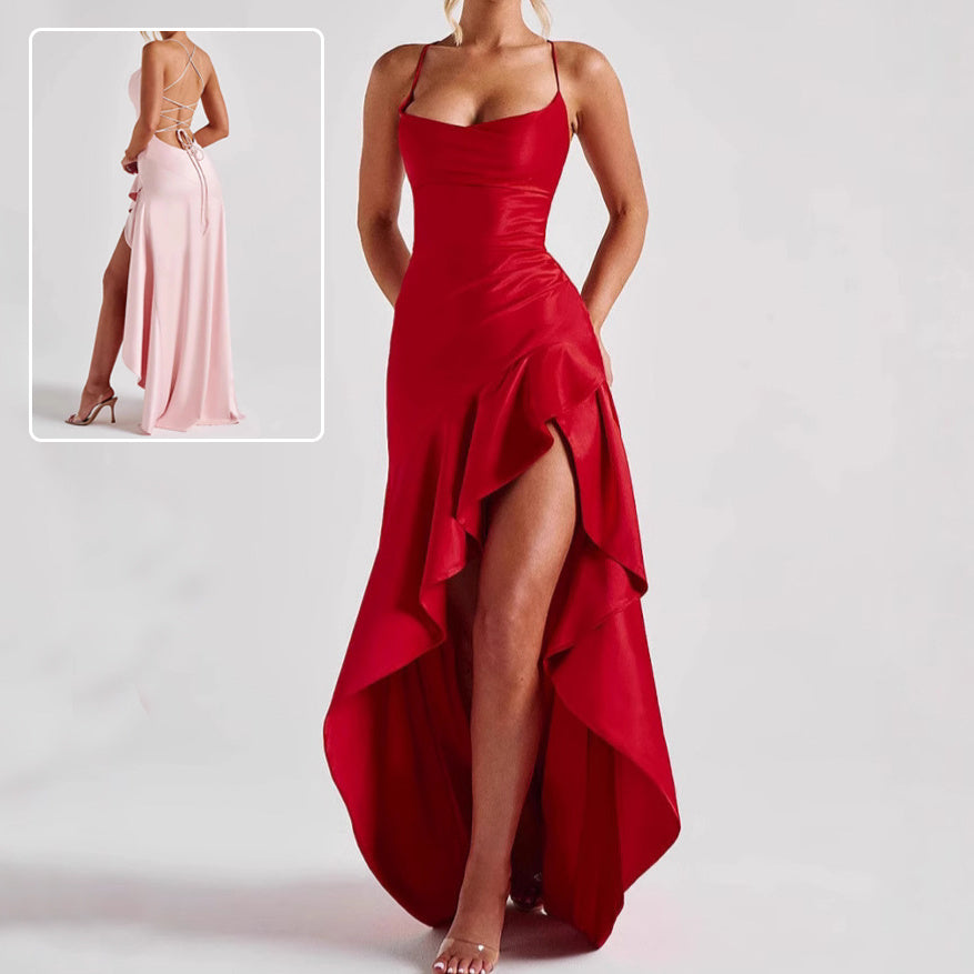 Abito irregolare con volant senza schienale da donna Moda estiva Festa da sera Club con bretelle doppie Maxi abiti Abbigliamento