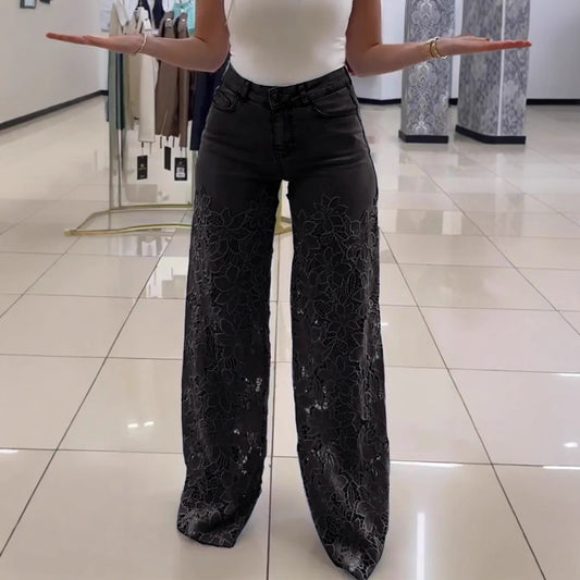 Jeans Vita Alta  Gamba Larga Donna con pizzo