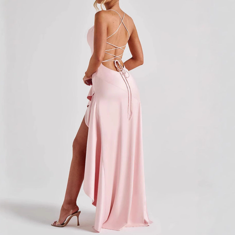 Abito irregolare con volant senza schienale da donna Moda estiva Festa da sera Club con bretelle doppie Maxi abiti Abbigliamento
