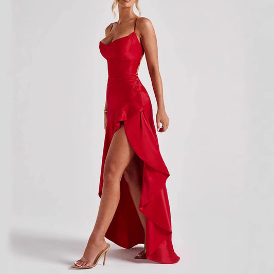 Abito irregolare con volant senza schienale da donna Moda estiva Festa da sera Club con bretelle doppie Maxi abiti Abbigliamento