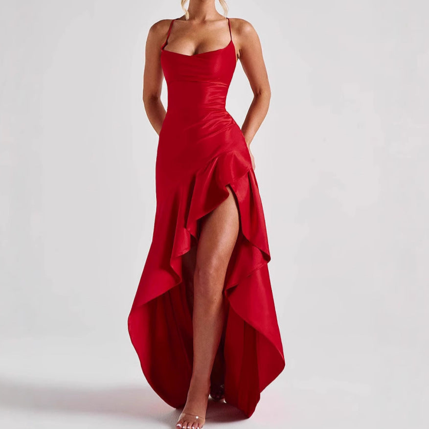 Abito irregolare con volant senza schienale da donna Moda estiva Festa da sera Club con bretelle doppie Maxi abiti Abbigliamento