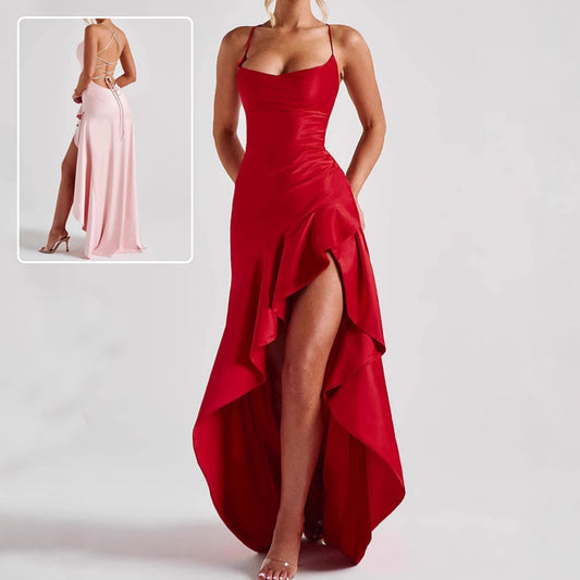 Abito irregolare con volant senza schienale da donna Moda estiva Festa da sera Club con bretelle doppie Maxi abiti Abbigliamento